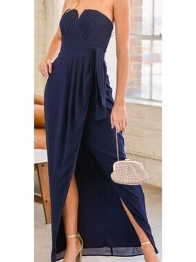 LULU'S SZ S Easy Elegance Navy Blue Pleated Strapless Party Maxi Dress NWT 0B8